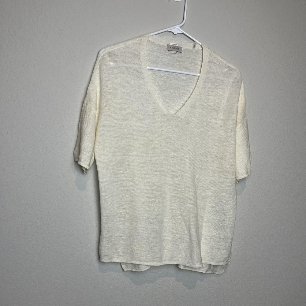 Kinross Sweater Womens Small White 100% Linen V Neck Short Sleeve Sheer Knit